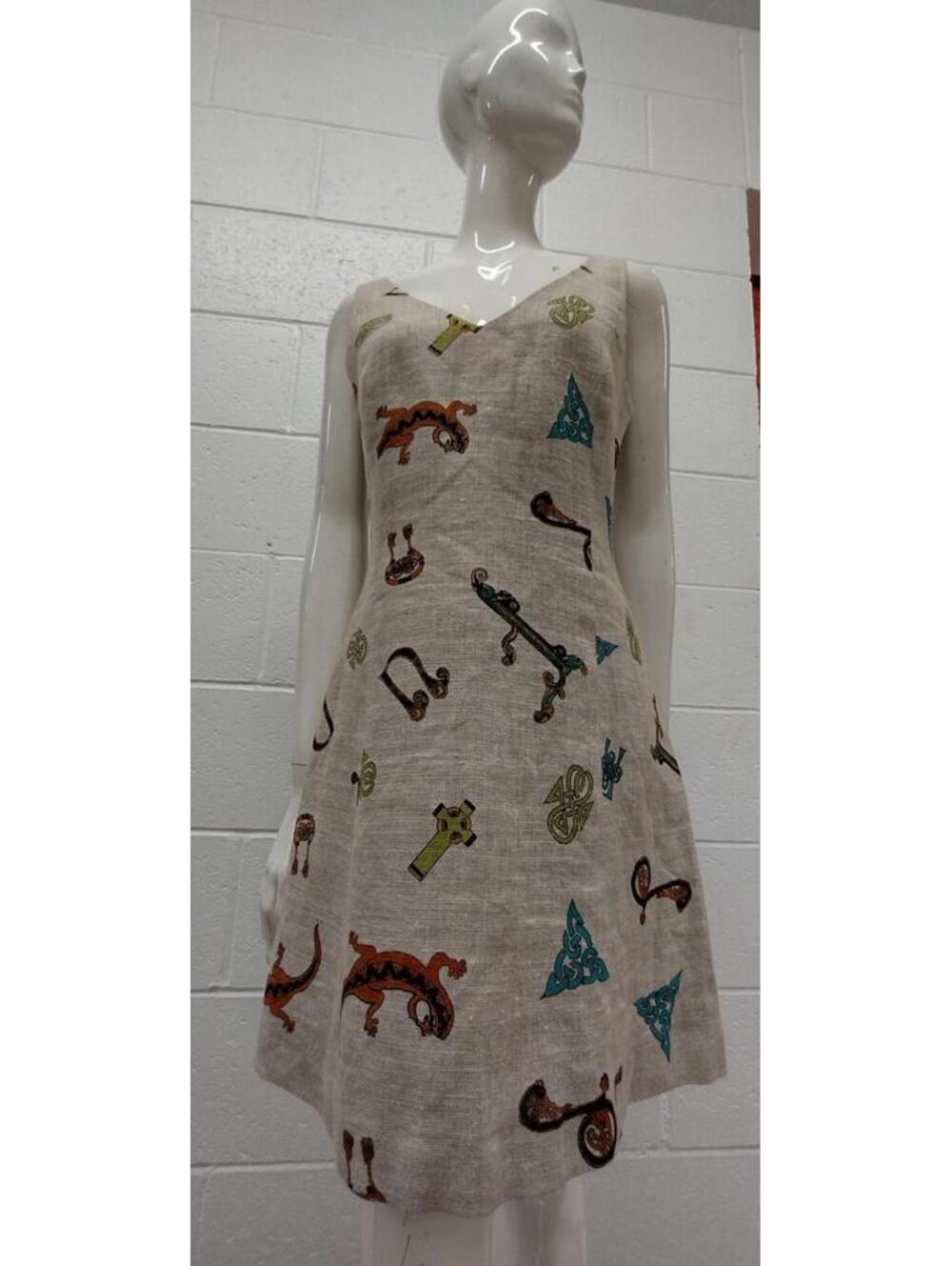 Vintage NICOLE MILLER Linen A-line Dress Museum Piece Sacred Geometry Art Lizard
